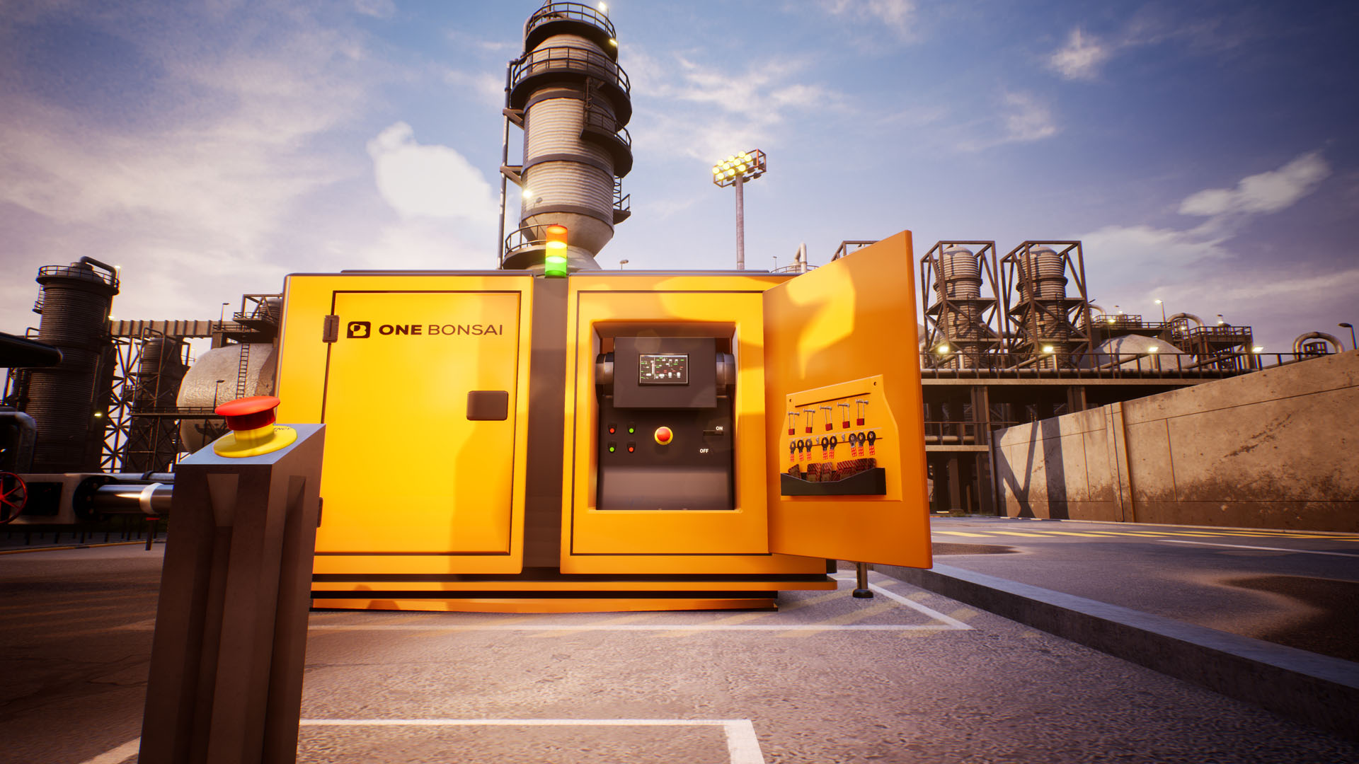 VR Lock out Tag out Safety Training Industry - Generator View with Refinery Reactor in Background - OneBonsai